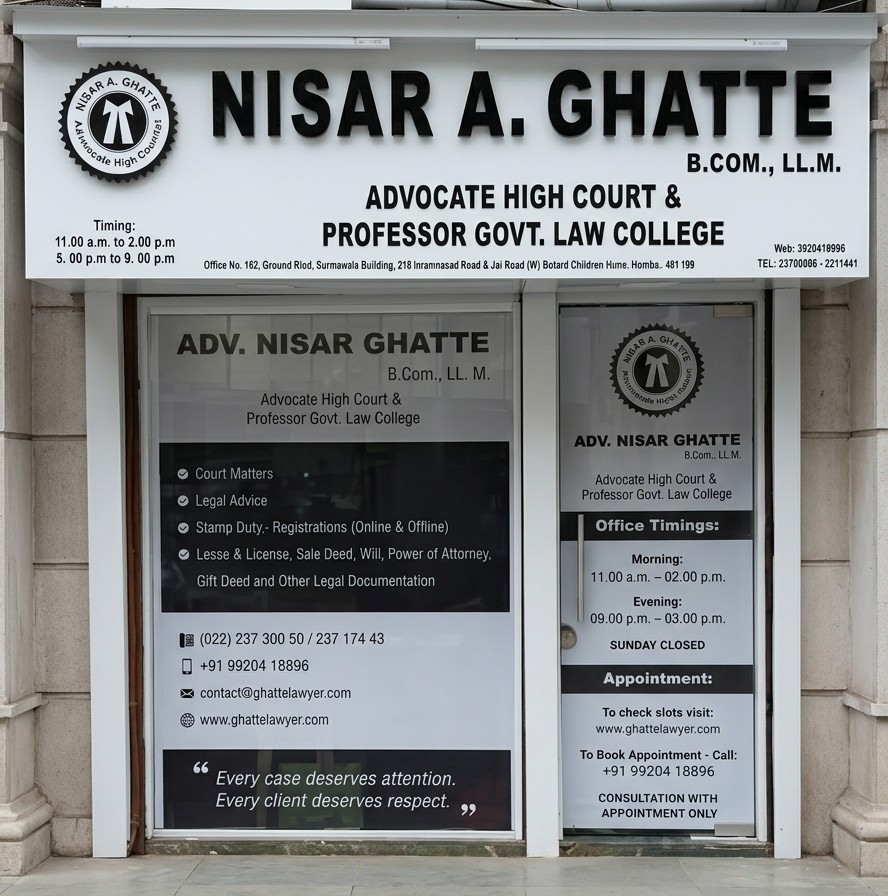 Official law chamber facade of Adv. Nisar Ghatte at Surmawala Building, Imamwada, Mumbai